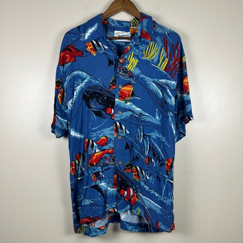 Reservoir Mens L Button Down Shirt Blue Hawaiian Whale Tropical Fish Rayon